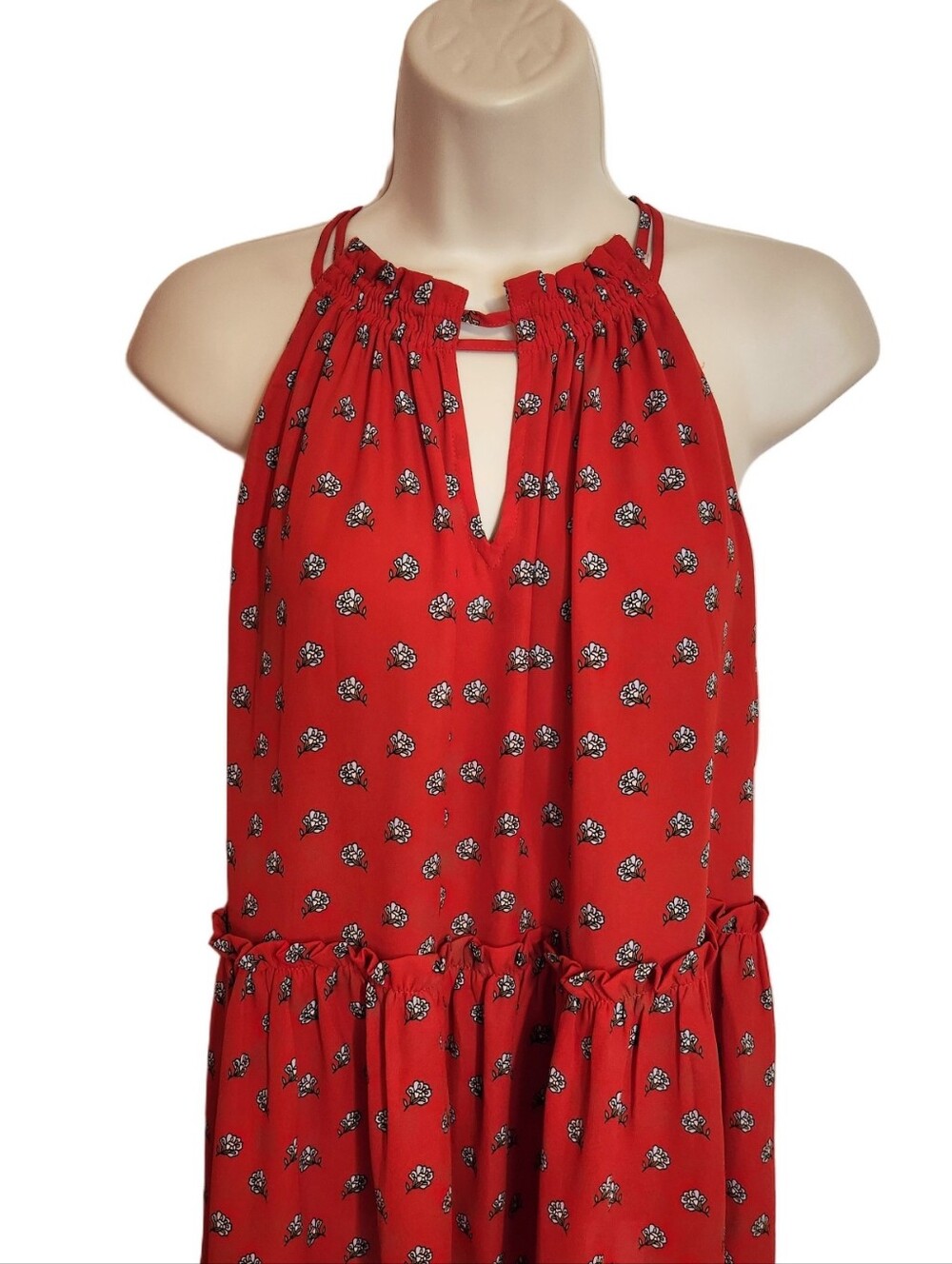 Loft Tiny Floral Shirred Keyhole Halter Sleeveless Red/White Peplum Top Medium - Picture 2 of 8